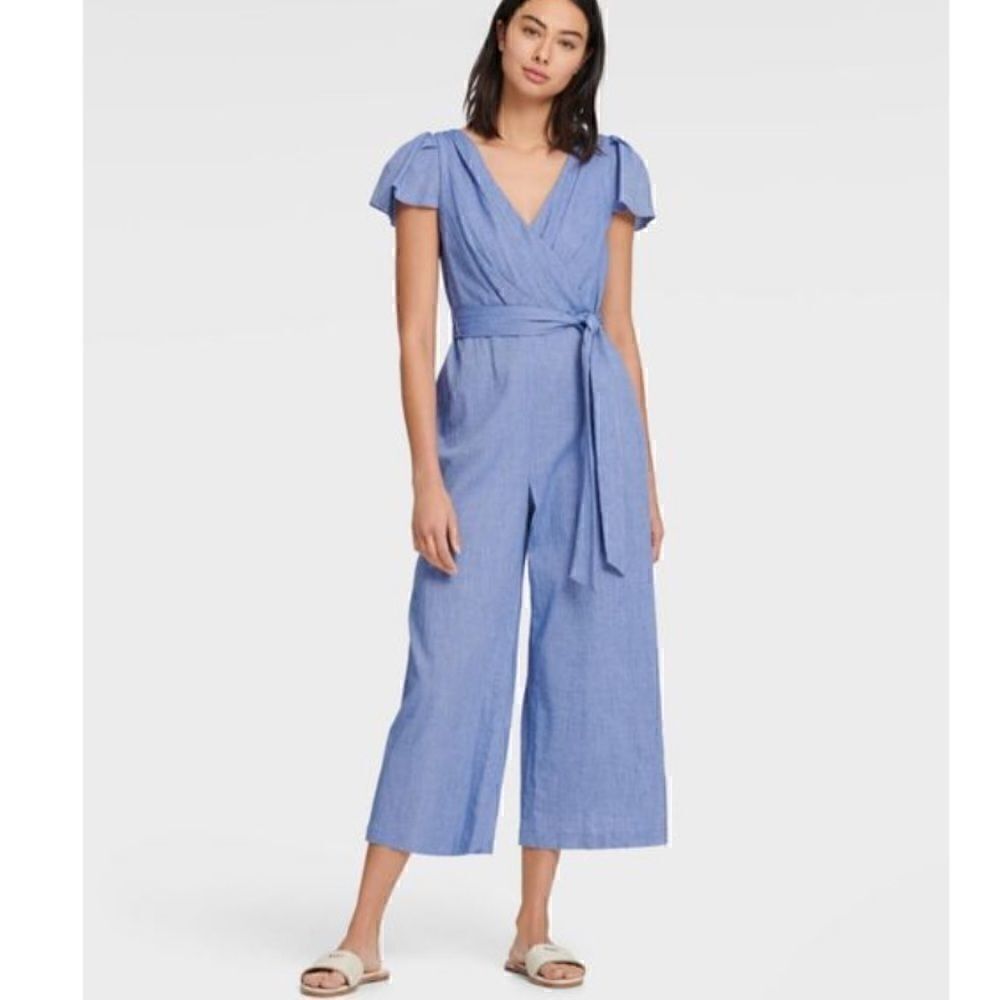 DKNY Ruffles V Neck Crushed Denim Jumpsuit NWT